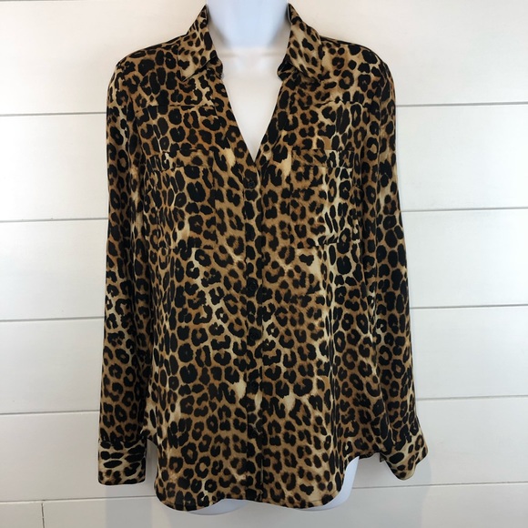 Express Tops - Express Portofino Long Sleeve Leopard Print Shirt